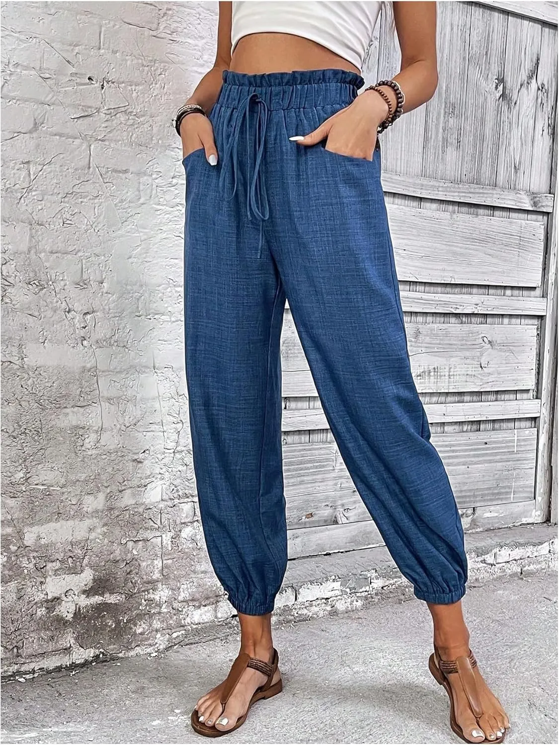 MakeMeChic Women's Casual Solid Drawstring Jogger Pants Elastic High Waist Trousers with Pocket