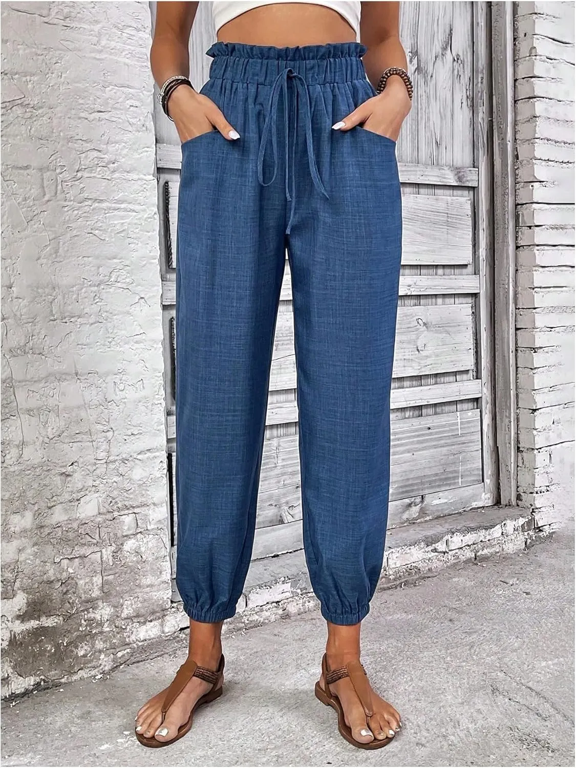 MakeMeChic Women's Casual Solid Drawstring Jogger Pants Elastic High Waist Trousers with Pocket