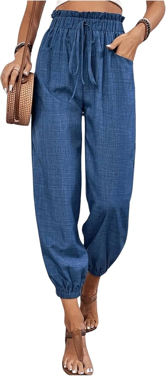 MakeMeChic Women's Casual Solid Drawstring Jogger Pants Elastic High Waist Trousers with Pocket