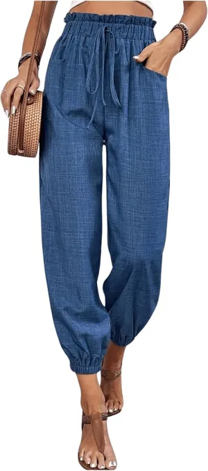 MakeMeChic Women's Casual Solid Drawstring Jogger Pants Elastic High Waist Trousers with Pocket