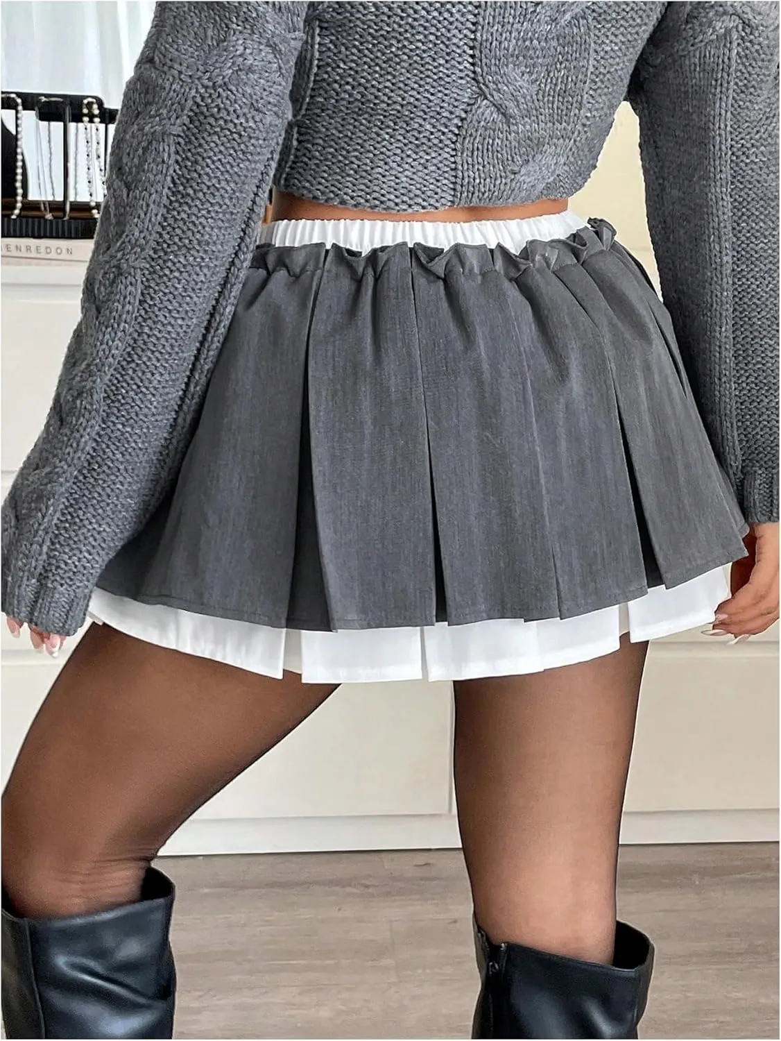 MakeMeChic Women's Colorblock 2 in 1 Mini Skirt Tie Front Elastic Waist Pleated A Line Skirts