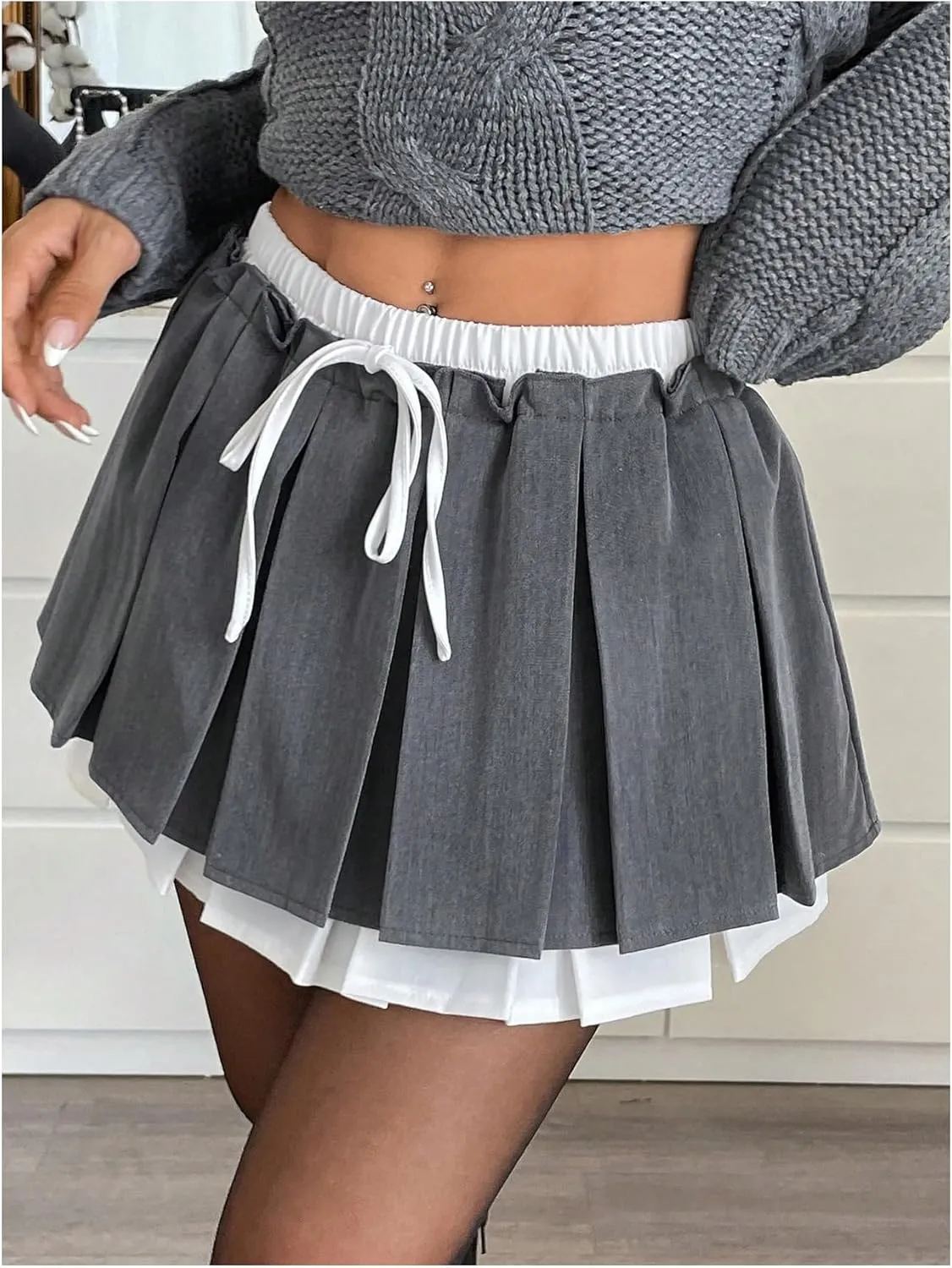 MakeMeChic Women's Colorblock 2 in 1 Mini Skirt Tie Front Elastic Waist Pleated A Line Skirts