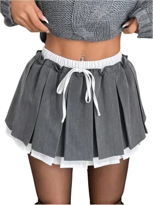MakeMeChic Women's Colorblock 2 in 1 Mini Skirt Tie Front Elastic Waist Pleated A Line Skirts
