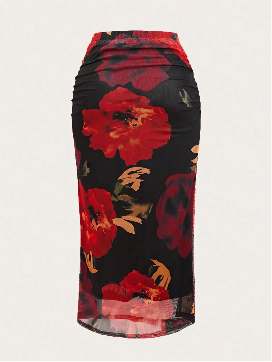 MakeMeChic Women's Floral Print Mesh Skirt Ruched Stretch Bodycon Elegant Long Skirts