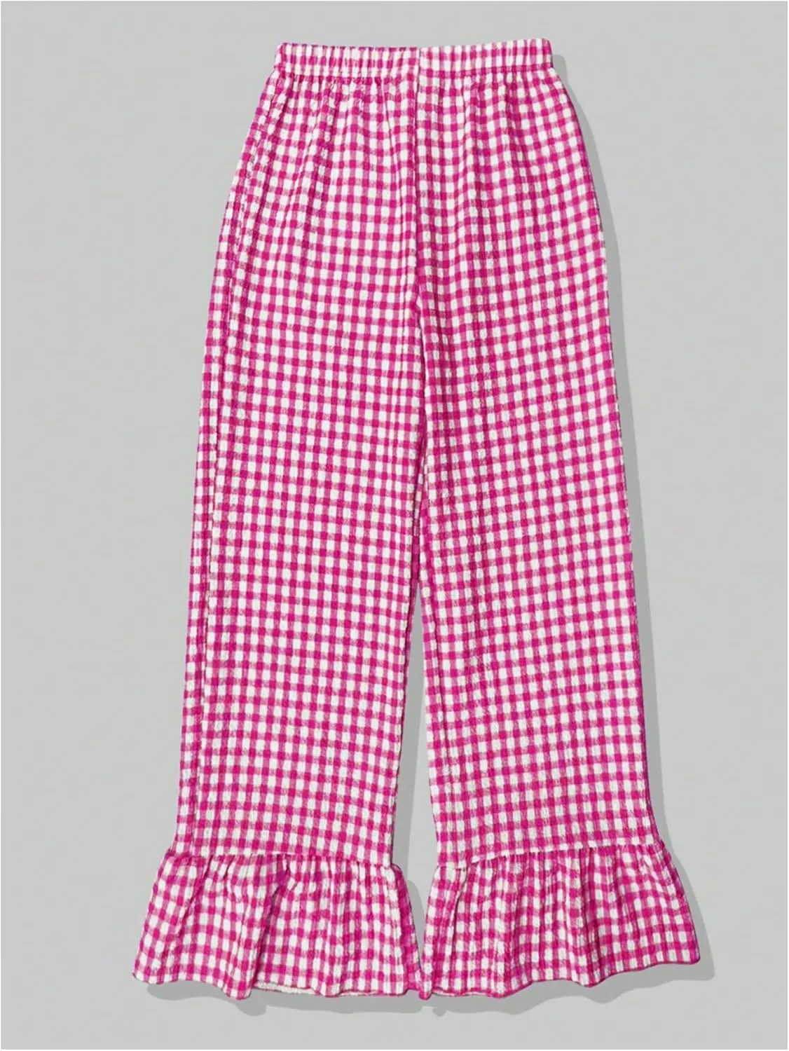 MakeMeChic Women's Y2K Gingham Wide Leg Pants Elastic Waist Ruffle Hem Loose Trousers Loungewear