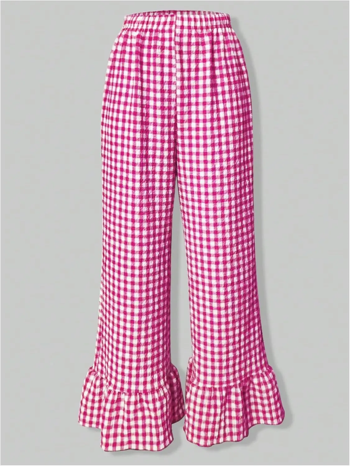 MakeMeChic Women's Y2K Gingham Wide Leg Pants Elastic Waist Ruffle Hem Loose Trousers Loungewear