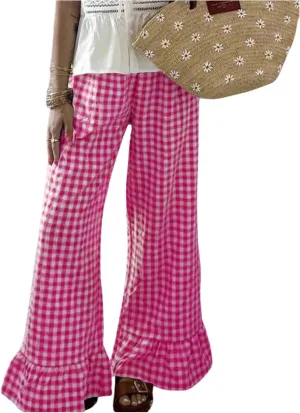 MakeMeChic Women's Y2K Gingham Wide Leg Pants Elastic Waist Ruffle Hem Loose Trousers Loungewear