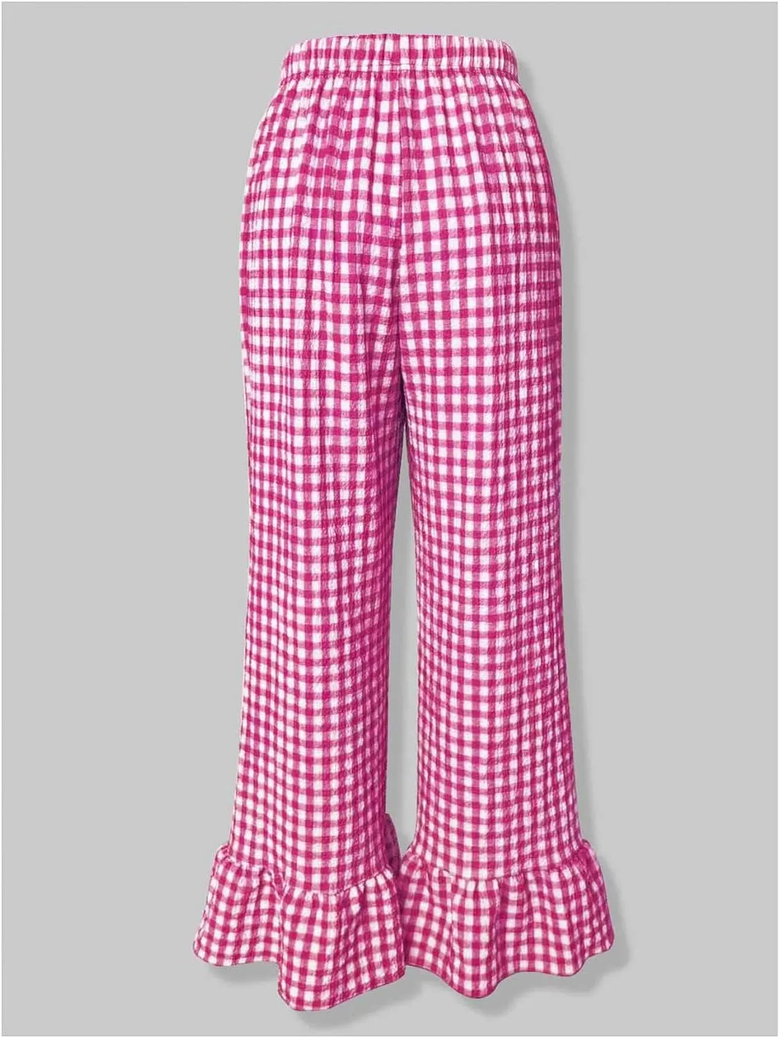 MakeMeChic Women's Y2K Gingham Wide Leg Pants Elastic Waist Ruffle Hem Loose Trousers Loungewear