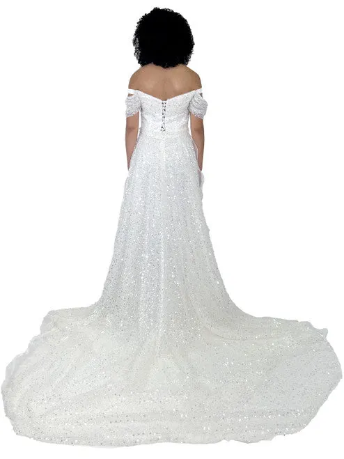 Marc Defang 8228 Long Fitted off the shoulder Dress Overskirt train Prom Pageant Wedding