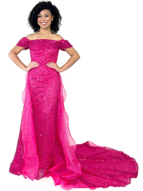 Marc Defang 8228 Long Fitted off the shoulder Dress Overskirt train Prom Pageant Wedding