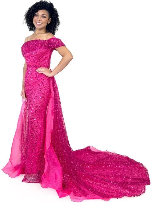 Marc Defang 8228 Long Fitted off the shoulder Dress Overskirt train Prom Pageant Wedding