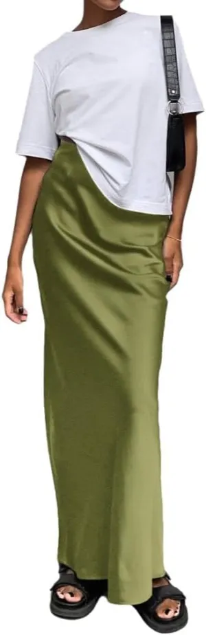 Melliflo Women's Satin Silky Maxi Skirt High Waist Flowy A Line Long Skirt Elegant Slim Fit Y2k Maxi Skirt