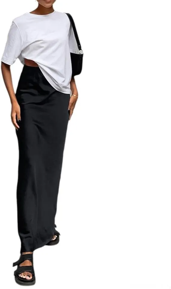 Melliflo Women's Satin Silky Maxi Skirt High Waist Flowy A Line Long Skirt Elegant Slim Fit Y2k Maxi Skirt