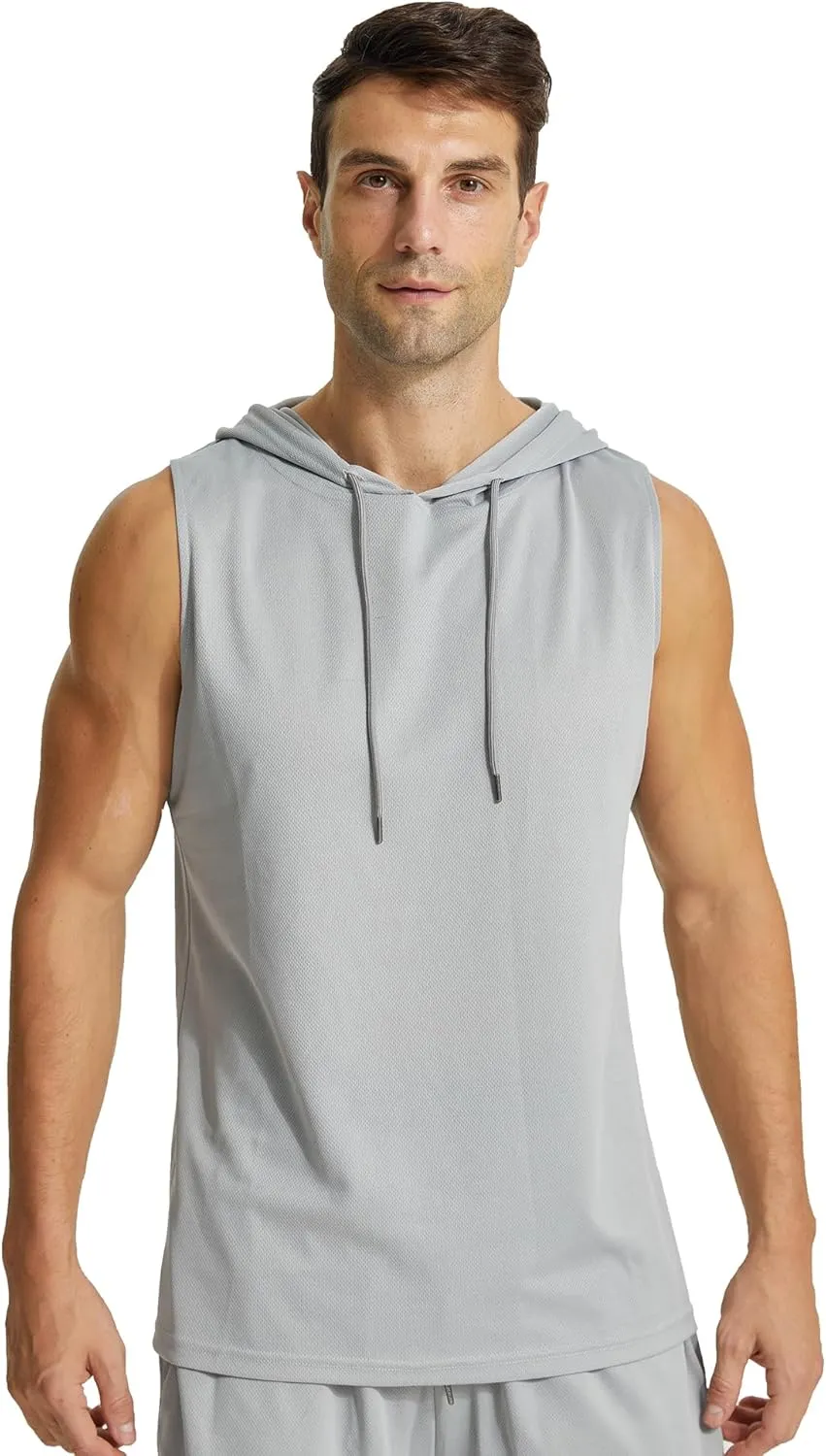 Mens Active Workout Hooded Tank Tops Sleeveless Quick Dry, Athletic Running Trainning Cut Off Muscle Gym Shirt