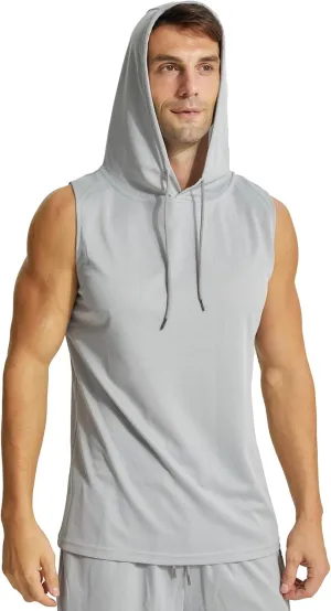 Mens Active Workout Hooded Tank Tops Sleeveless Quick Dry, Athletic Running Trainning Cut Off Muscle Gym Shirt