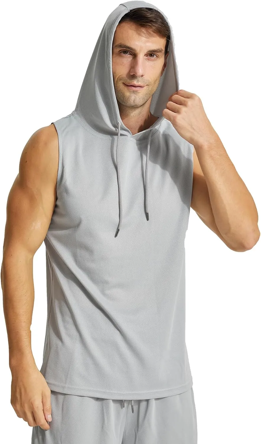 Mens Active Workout Hooded Tank Tops Sleeveless Quick Dry, Athletic Running Trainning Cut Off Muscle Gym Shirt