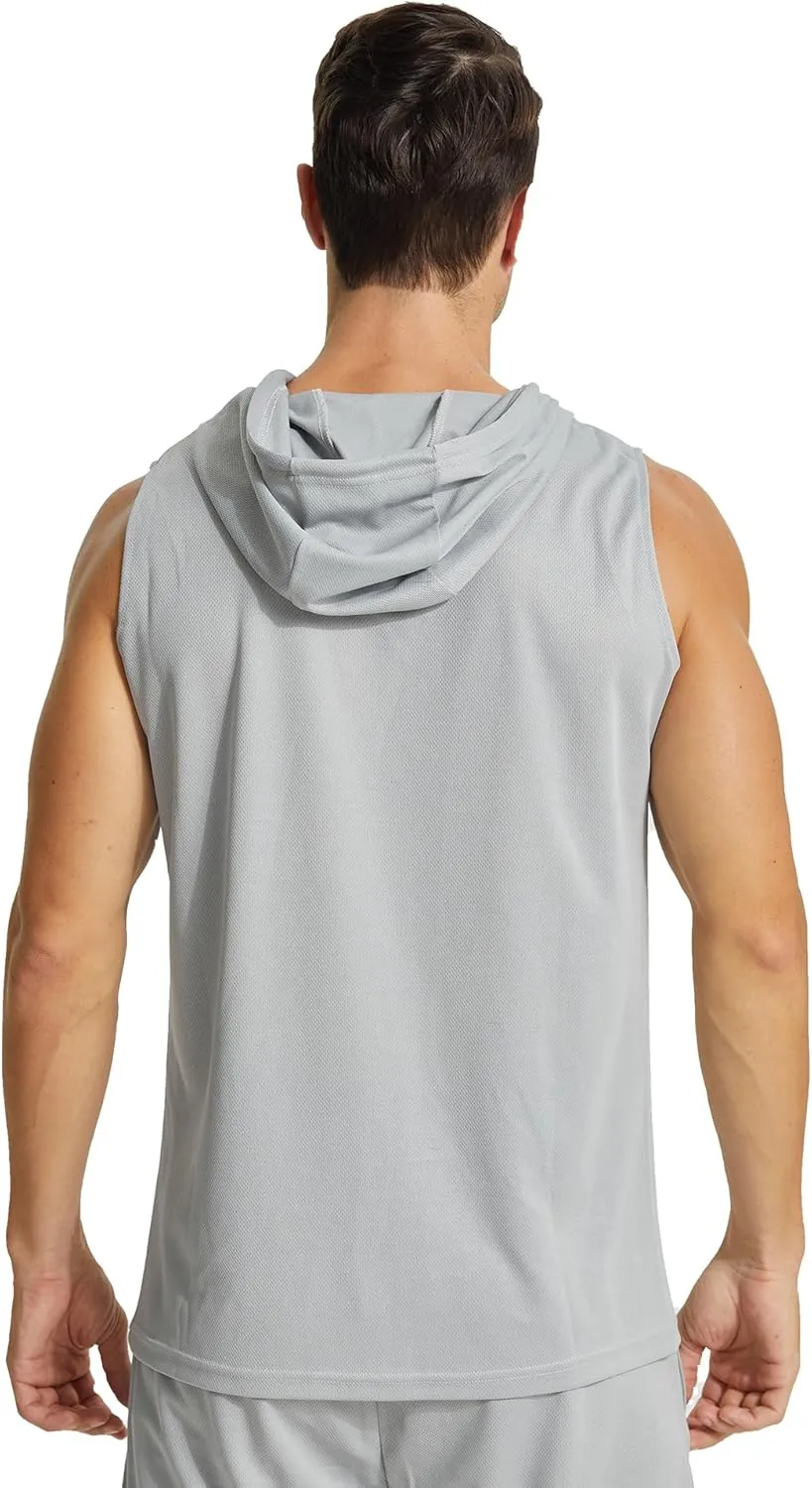 Mens Active Workout Hooded Tank Tops Sleeveless Quick Dry, Athletic Running Trainning Cut Off Muscle Gym Shirt