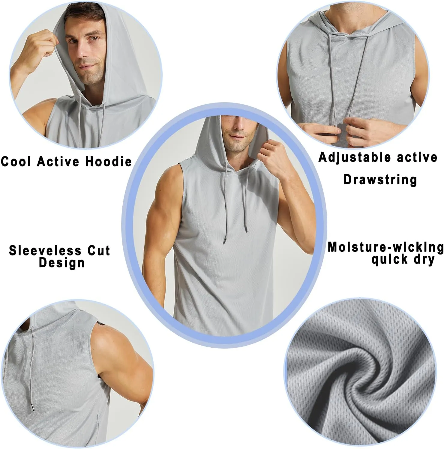 Mens Active Workout Hooded Tank Tops Sleeveless Quick Dry, Athletic Running Trainning Cut Off Muscle Gym Shirt