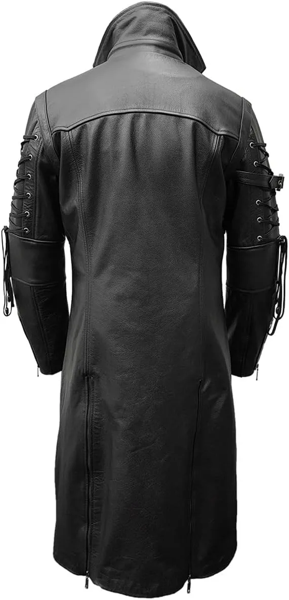 Mens Black Leather Trench Coat  Gothic Steampunk Long Duster Jacket, Matrix Style Overcoat, Goth, Real Cowhide Full Length