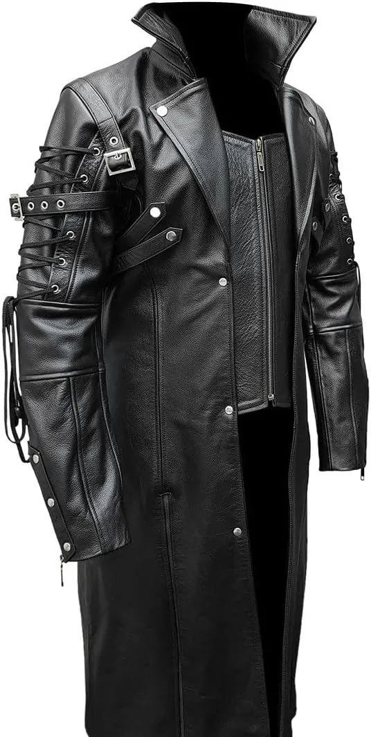 Mens Black Leather Trench Coat  Gothic Steampunk Long Duster Jacket, Matrix Style Overcoat, Goth, Real Cowhide Full Length