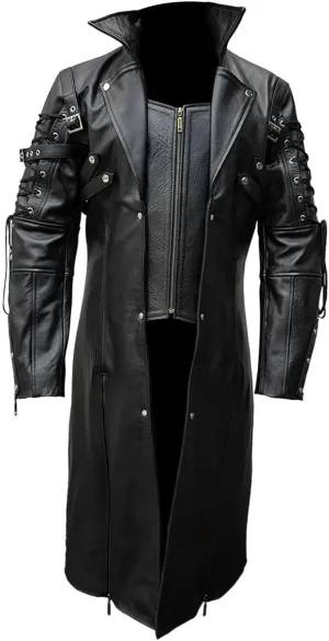 Mens Black Leather Trench Coat  Gothic Steampunk Long Duster Jacket, Matrix Style Overcoat, Goth, Real Cowhide Full Length