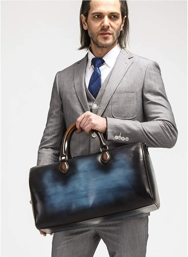 Men's Genuine Leather Tote Bags Large Capacity Boston Men's Bag (Blue)