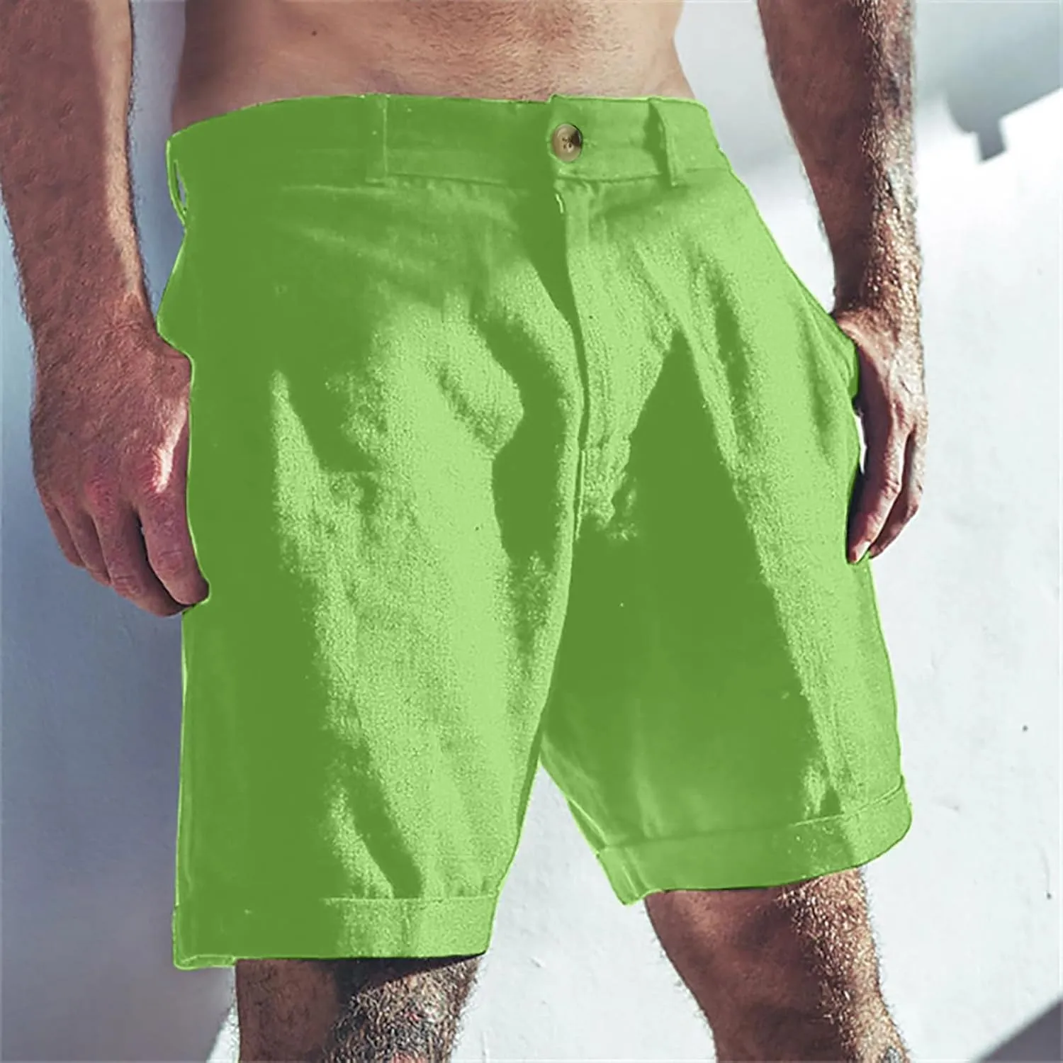 Mens Shorts Summer Trendy Cotton Linen Beach Pants Elastic Waist Button Trousers Breathable Running Pants with Pokets