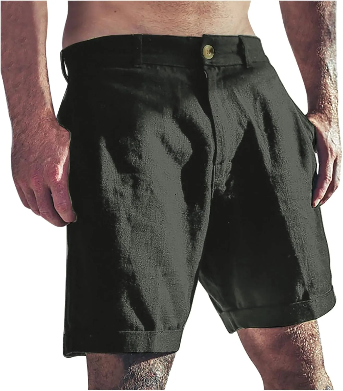 Mens Shorts Summer Trendy Cotton Linen Beach Pants Elastic Waist Button Trousers Breathable Running Pants with Pokets
