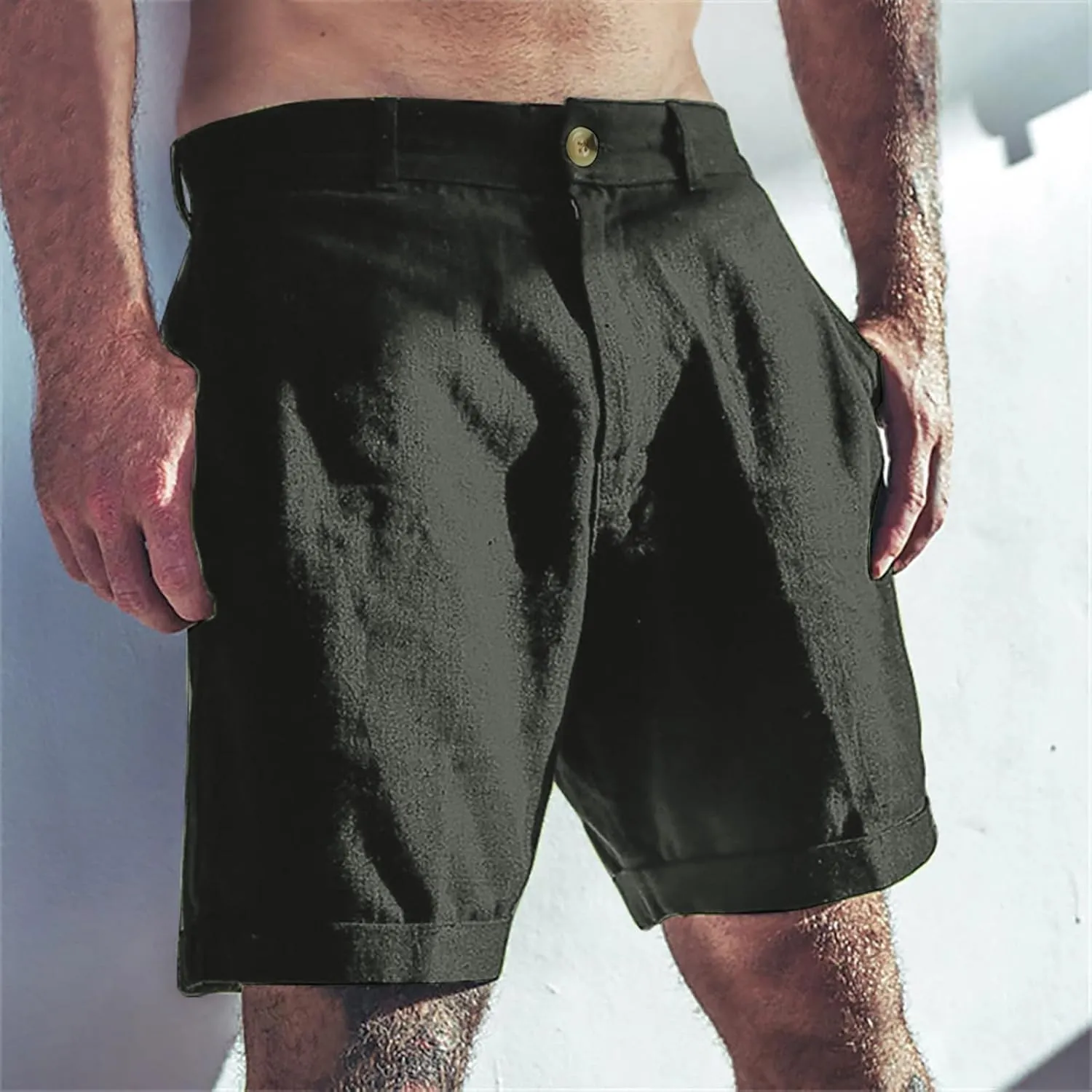 Mens Shorts Summer Trendy Cotton Linen Beach Pants Elastic Waist Button Trousers Breathable Running Pants with Pokets