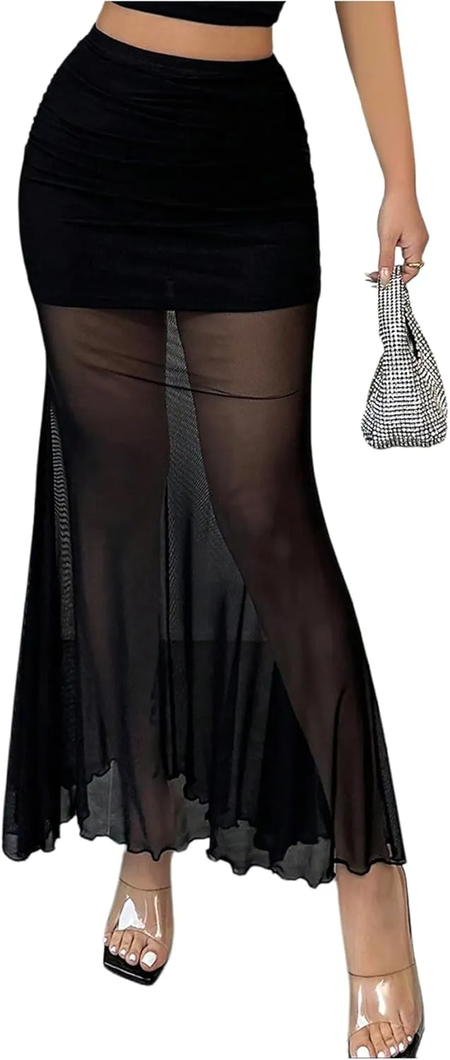 Milumia Women's Contrast Mesh Fishtail Maxi Skirt Sexy Sheer Ruffle Hem Skinny Long Skirts