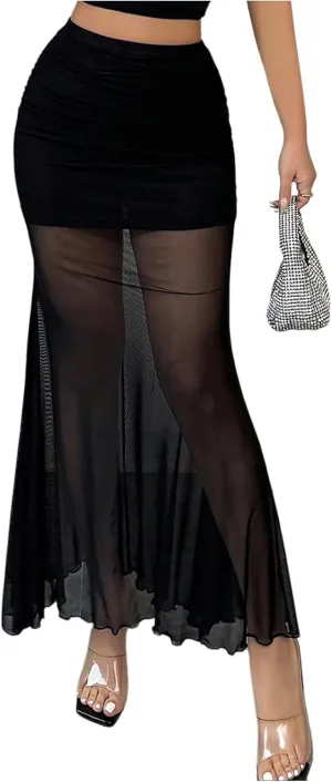 Milumia Women's Contrast Mesh Fishtail Maxi Skirt Sexy Sheer Ruffle Hem Skinny Long Skirts