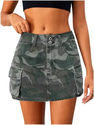 Milumia Women's Denim Skirt Camo Print Low Waisted Flap Pocket Jean Cargo Skirts