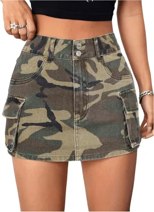 Milumia Women's Denim Skirt Camo Print Low Waisted Flap Pocket Jean Cargo Skirts
