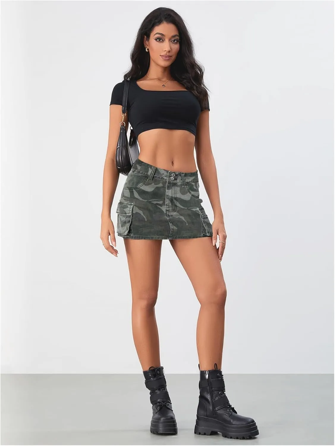 Milumia Women's Denim Skirt Camo Print Low Waisted Flap Pocket Jean Cargo Skirts