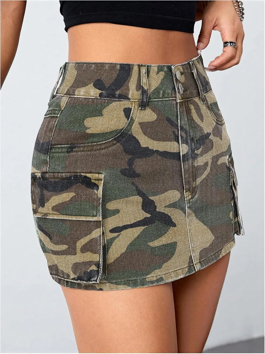 Milumia Women's Denim Skirt Camo Print Low Waisted Flap Pocket Jean Cargo Skirts