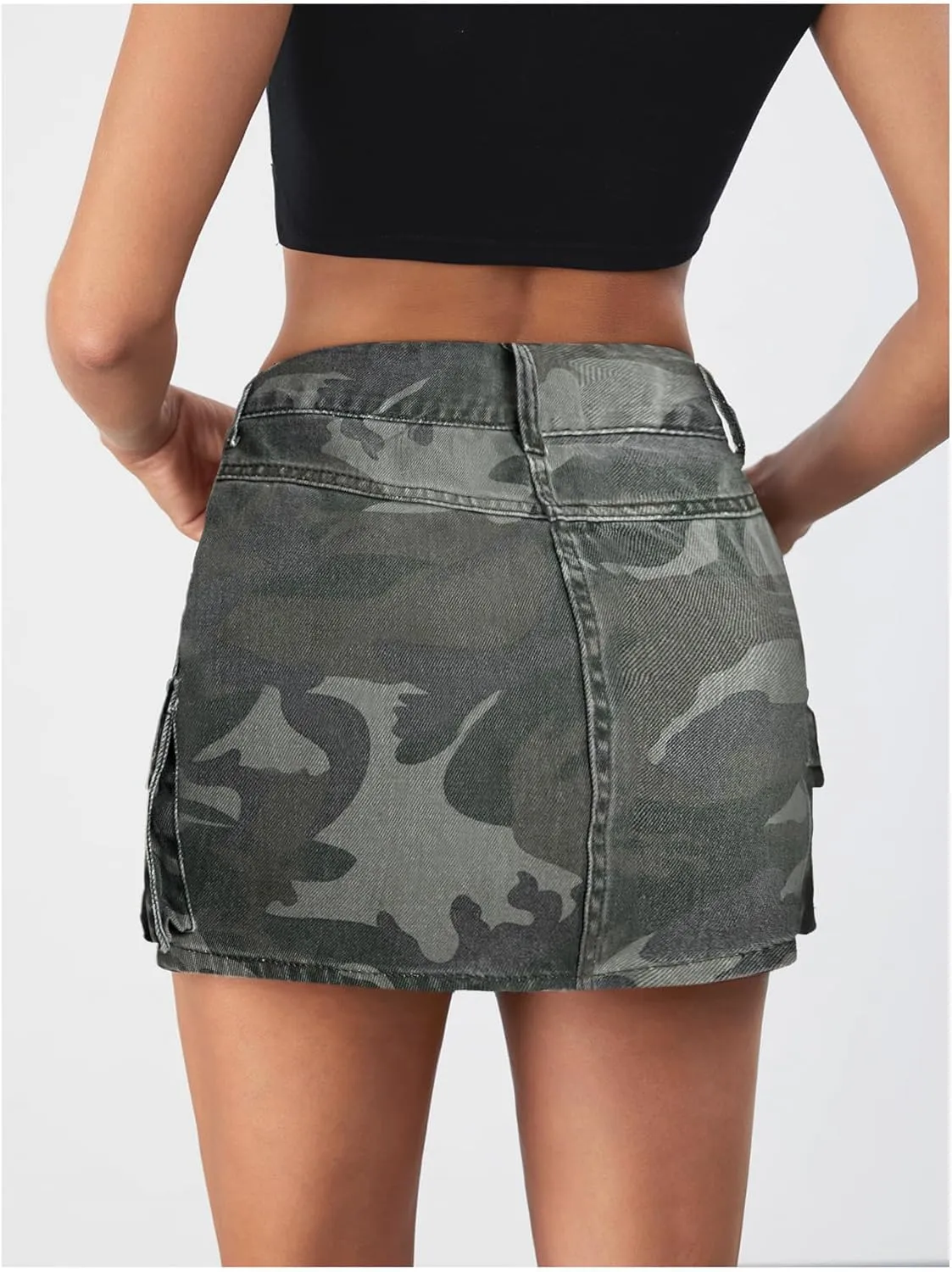 Milumia Women's Denim Skirt Camo Print Low Waisted Flap Pocket Jean Cargo Skirts