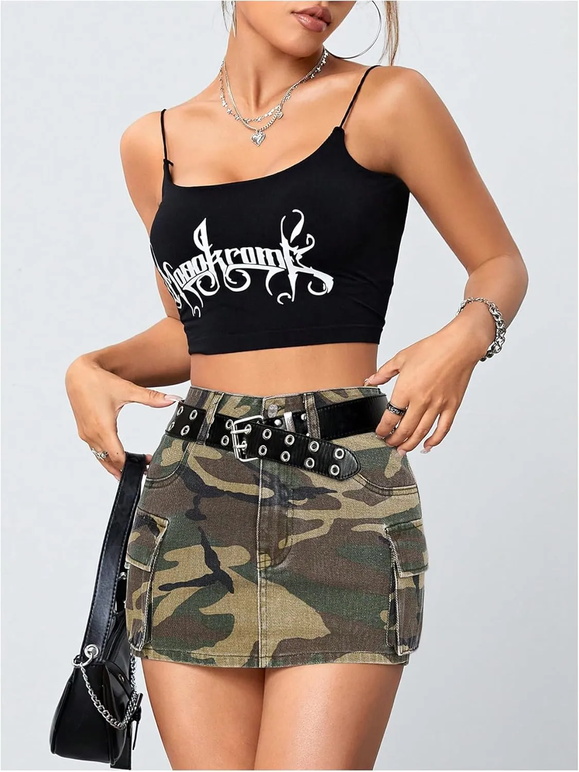 Milumia Women's Denim Skirt Camo Print Low Waisted Flap Pocket Jean Cargo Skirts