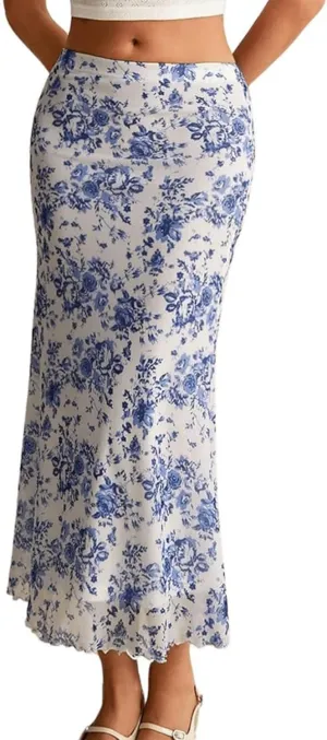 Milumia Women's Floral Print High Waist Ruffled Fishtail Bodycon Long Skirts