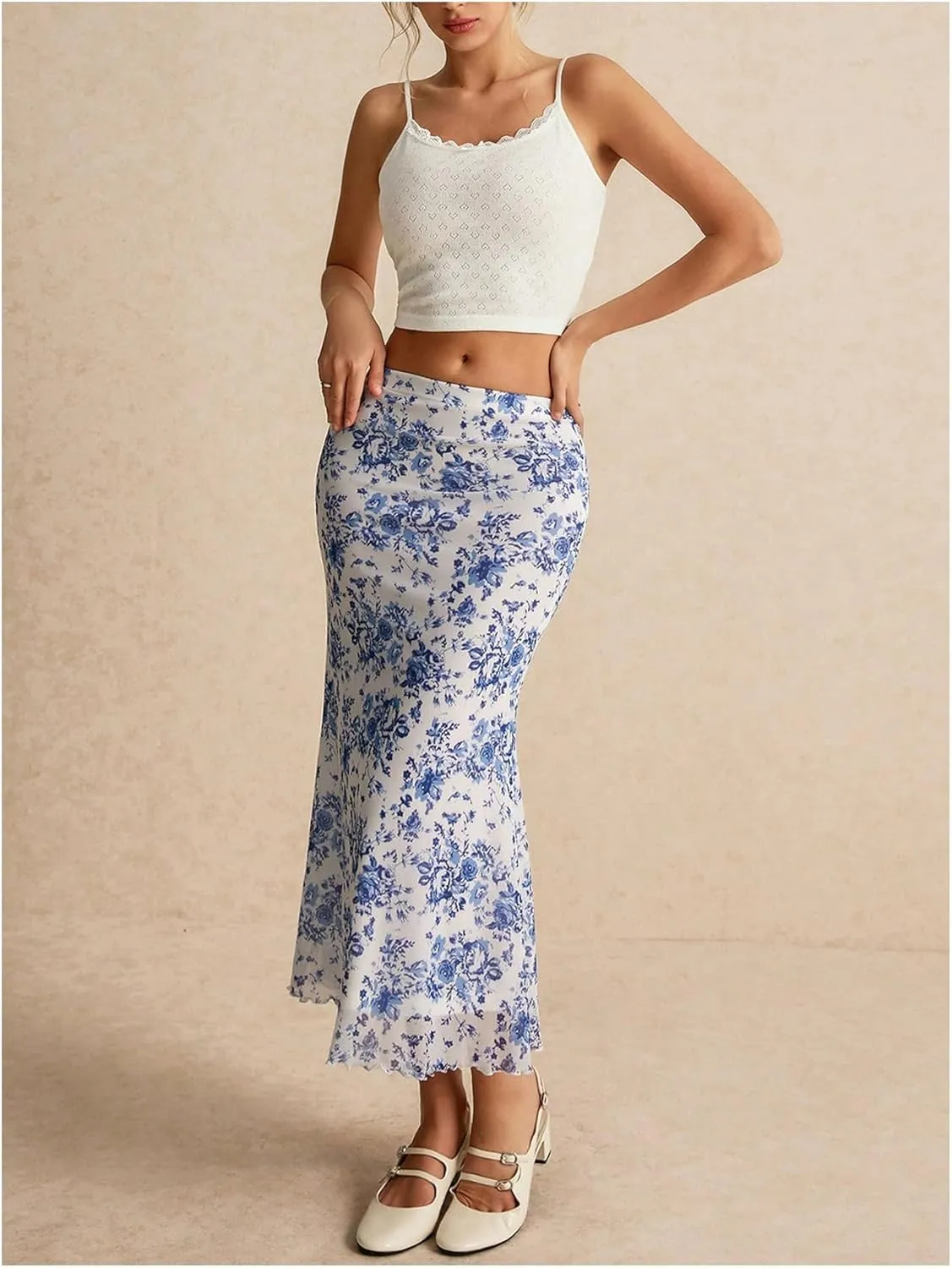 Milumia Women's Floral Print High Waist Ruffled Fishtail Bodycon Long Skirts