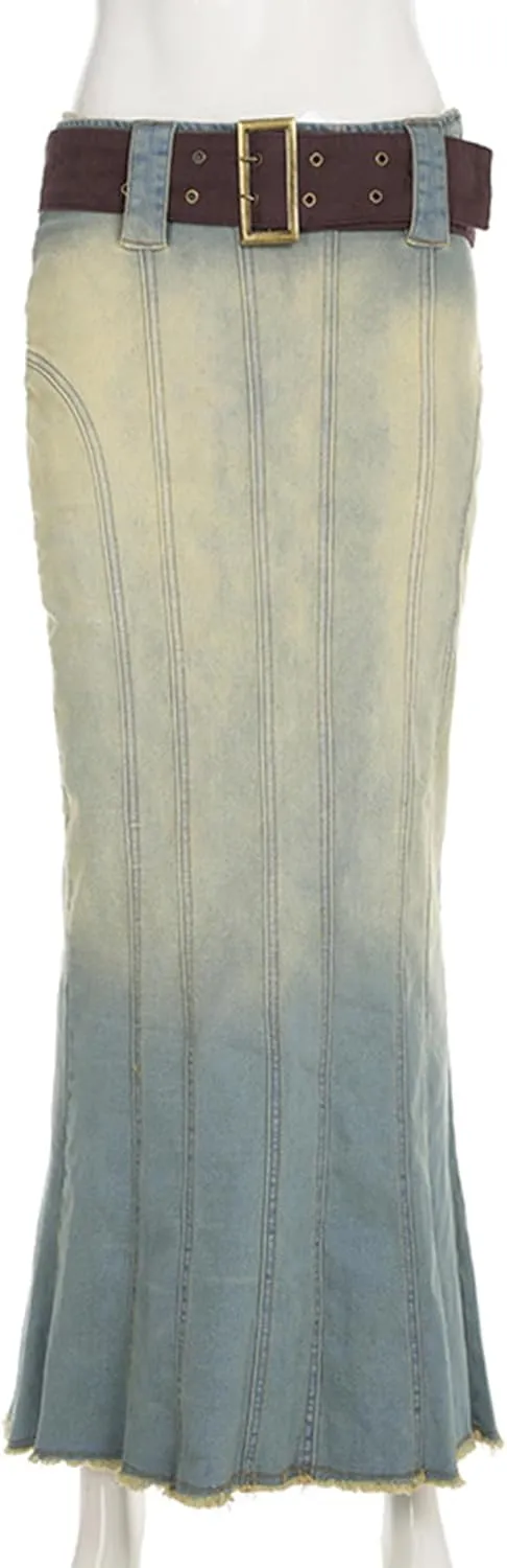 Molisry Women's Long Denim Skirt High Waisted Frayed Raw Hem Sexy Bodycon Fishtail Jeans Skirt with Belt Streetwear
