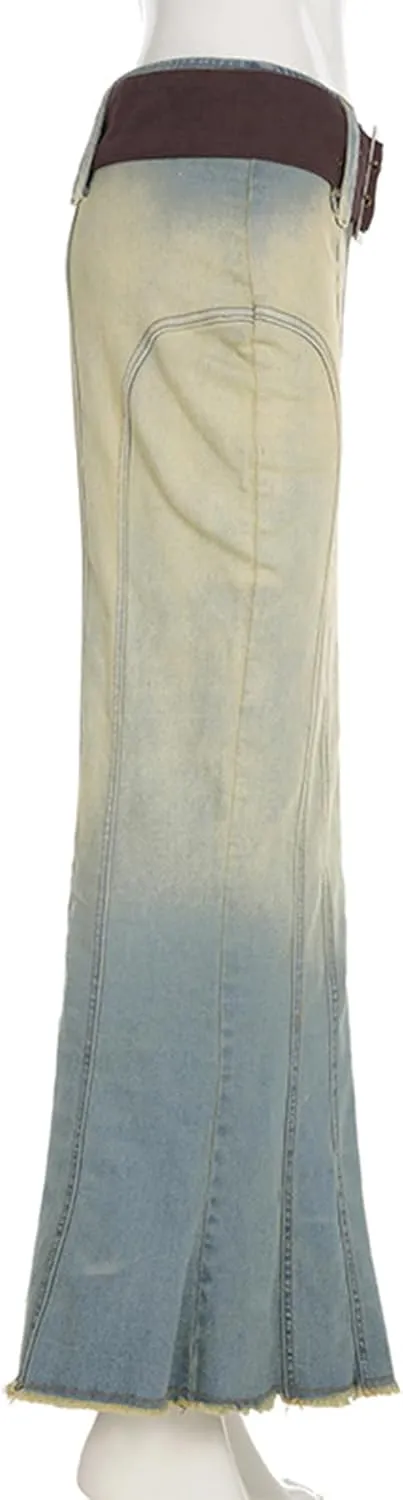 Molisry Women's Long Denim Skirt High Waisted Frayed Raw Hem Sexy Bodycon Fishtail Jeans Skirt with Belt Streetwear