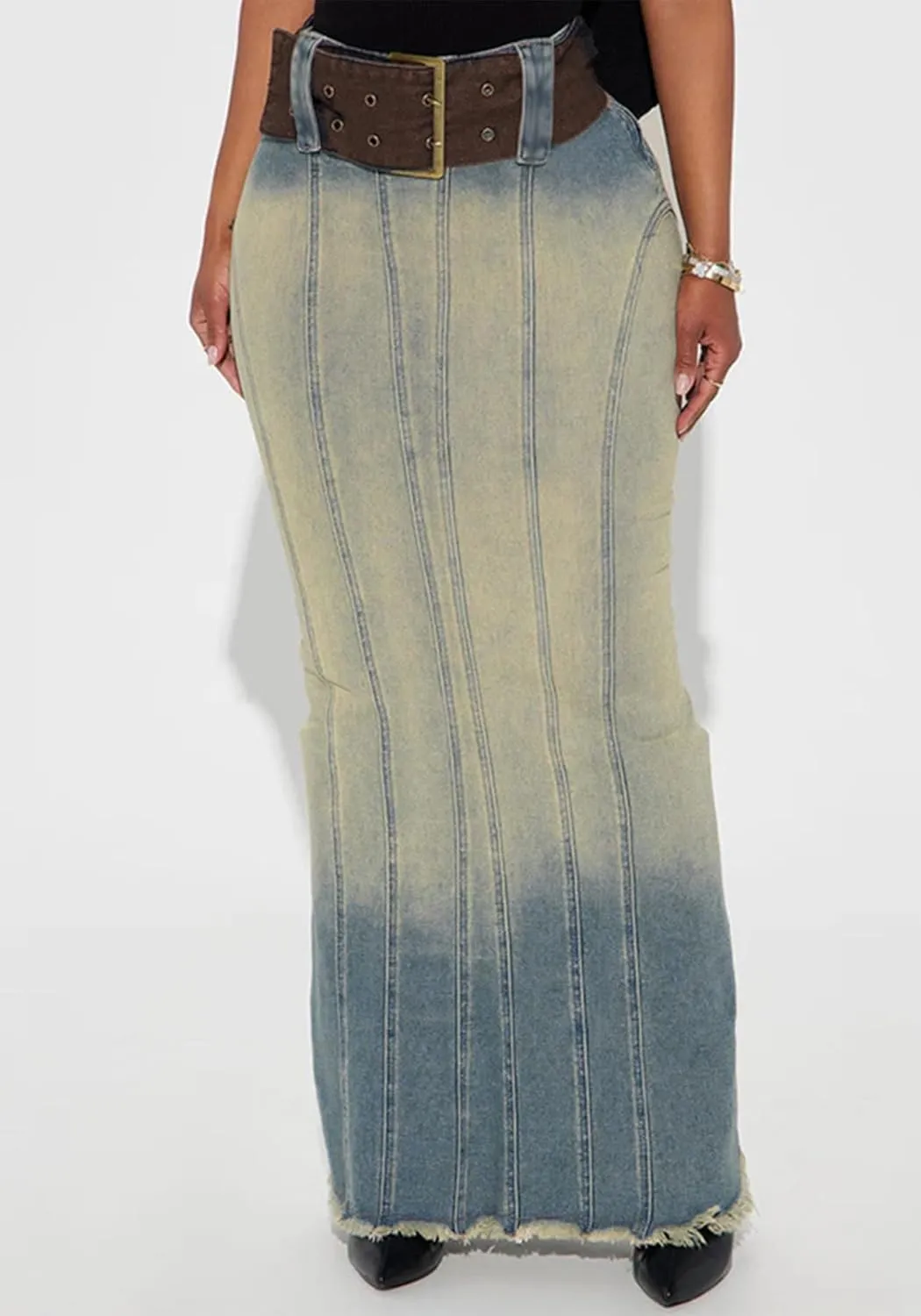 Molisry Women's Long Denim Skirt High Waisted Frayed Raw Hem Sexy Bodycon Fishtail Jeans Skirt with Belt Streetwear