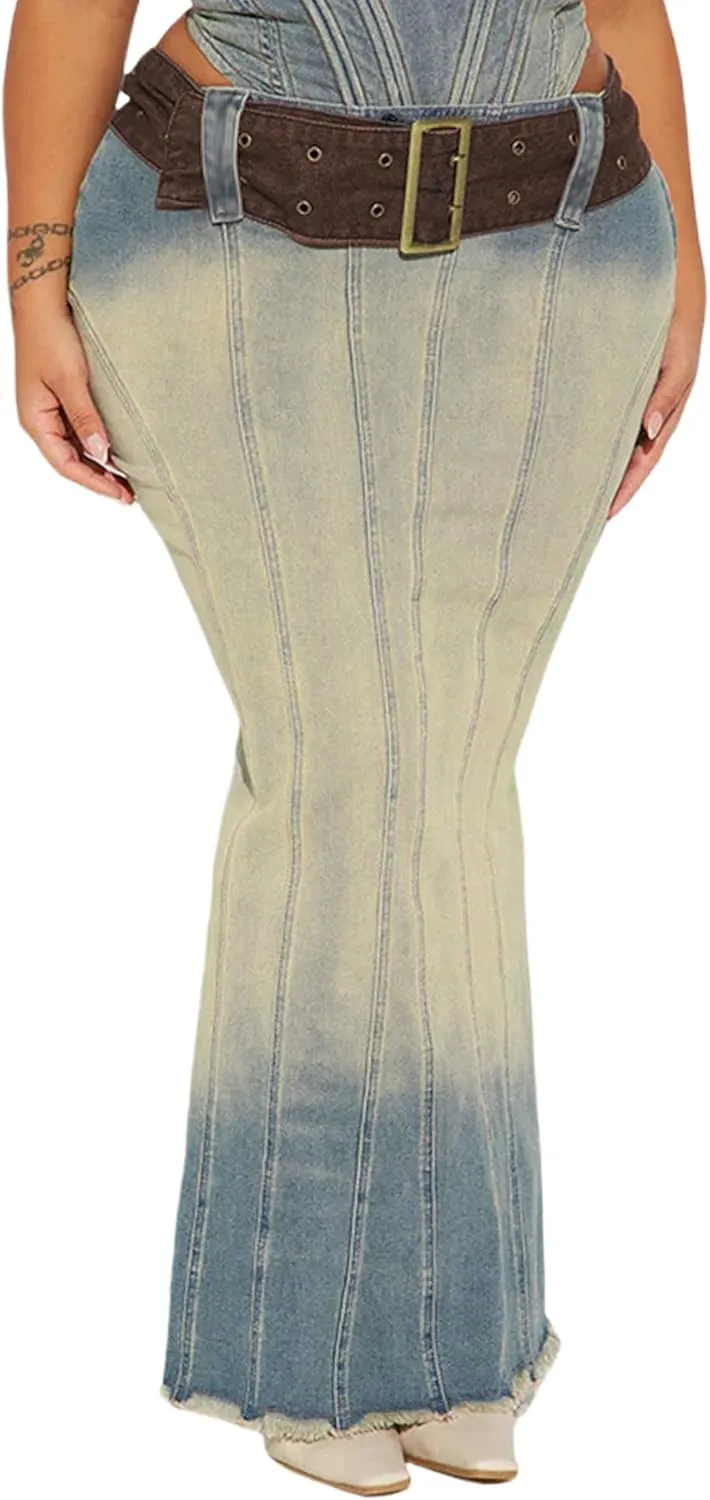 Molisry Women's Long Denim Skirt High Waisted Frayed Raw Hem Sexy Bodycon Fishtail Jeans Skirt with Belt Streetwear