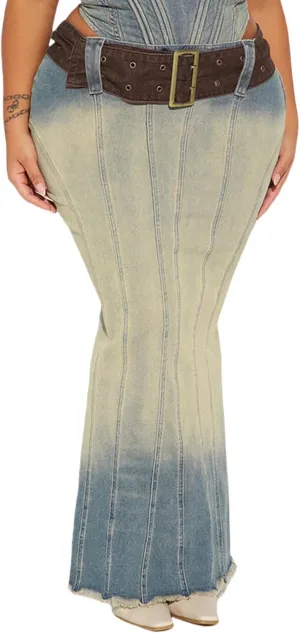Molisry Women's Long Denim Skirt High Waisted Frayed Raw Hem Sexy Bodycon Fishtail Jeans Skirt with Belt Streetwear