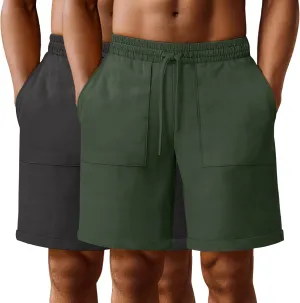 Neer 2 Pack Men's Big and Tall Cotton Linen Bermuda Shorts, Casual 7'' Elastic Drawstring Flat Front Shorts with Pockets