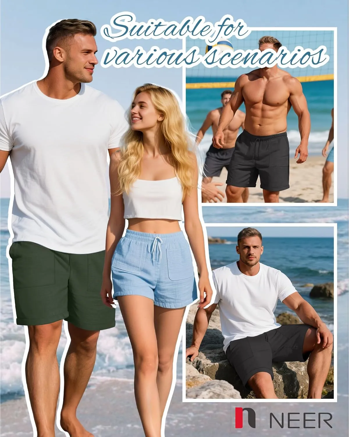 Neer 2 Pack Men's Big and Tall Cotton Linen Bermuda Shorts, Casual 7'' Elastic Drawstring Flat Front Shorts with Pockets
