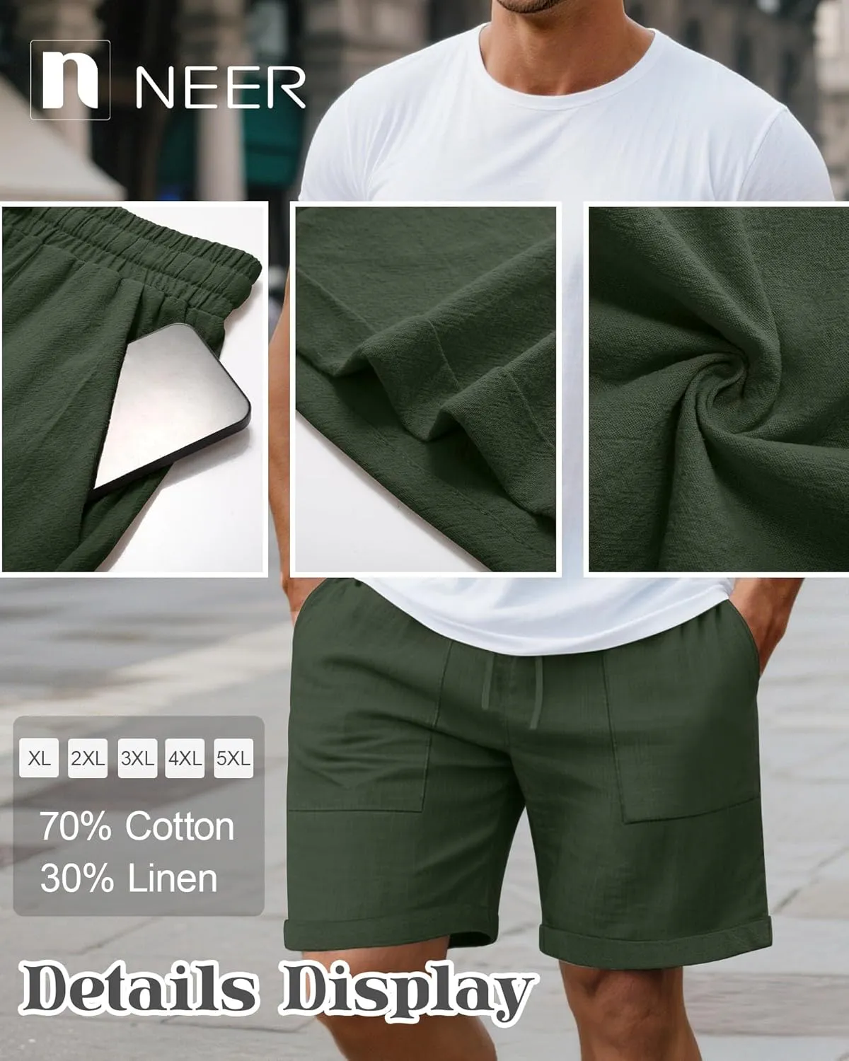 Neer 2 Pack Men's Big and Tall Cotton Linen Bermuda Shorts, Casual 7'' Elastic Drawstring Flat Front Shorts with Pockets