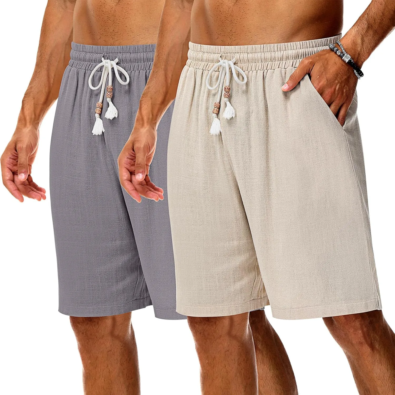 Neer 2 Pack Men's Linen Shorts, Casual Lightweight Drawstring Shorts 9 Inch Inseam Elastic Waist Short Pants with Pockets