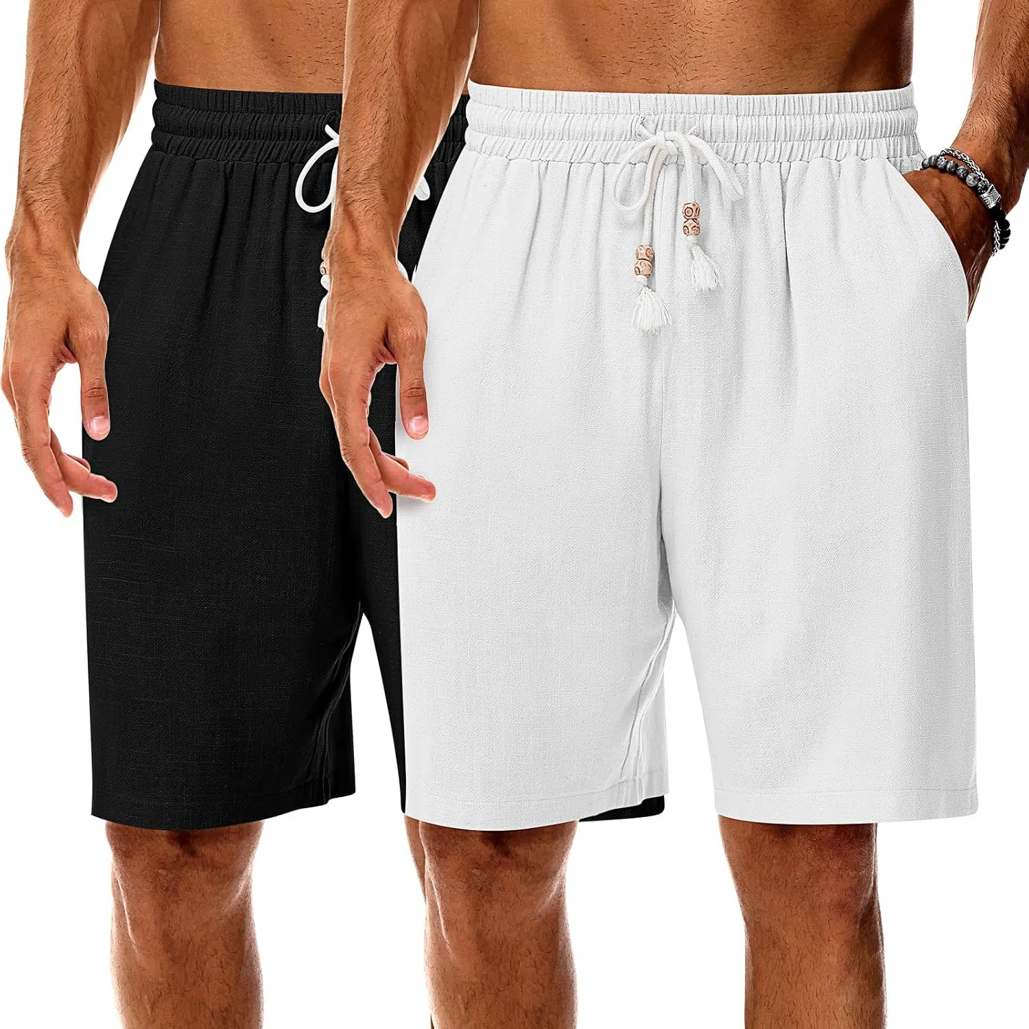 Neer 2 Pack Men's Linen Shorts, Casual Lightweight Drawstring Shorts 9 Inch Inseam Elastic Waist Short Pants with Pockets