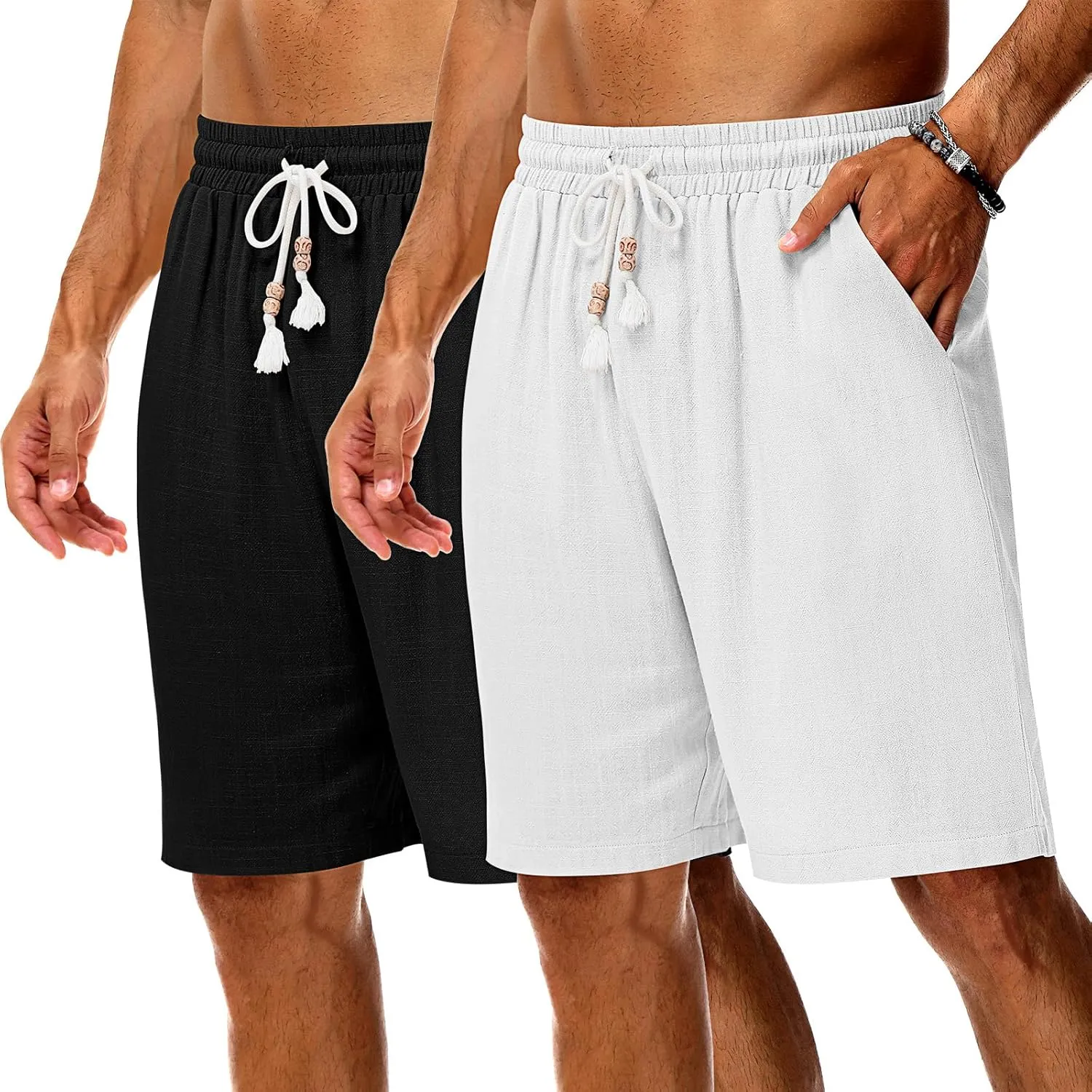 Neer 2 Pack Men's Linen Shorts, Casual Lightweight Drawstring Shorts 9 Inch Inseam Elastic Waist Short Pants with Pockets